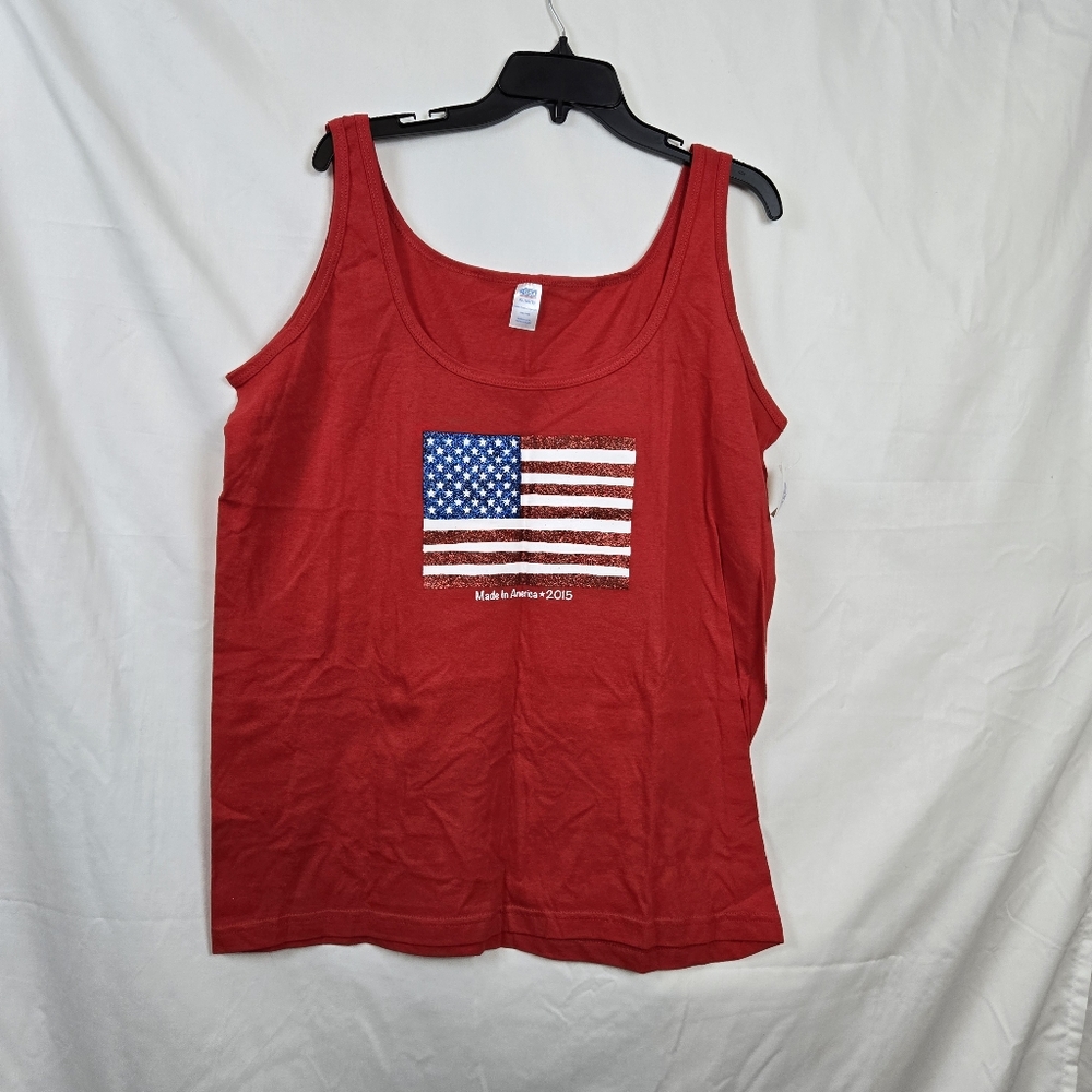 Made in USA Women's Red 2015 Glitter American‎ Flag Patriotic Tank XL 16/18 New
